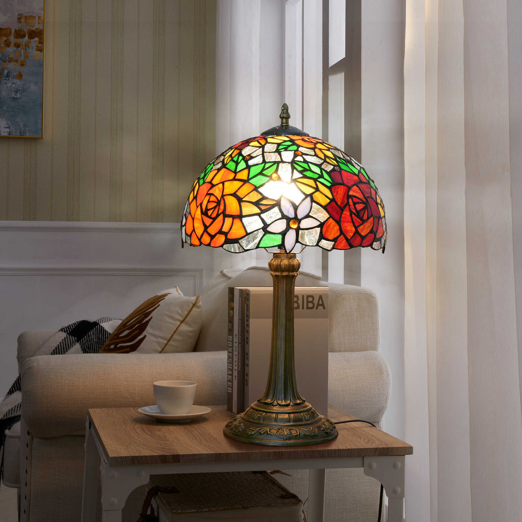 Tiffany Stained Glass Table Lamp with Rose Motifs
