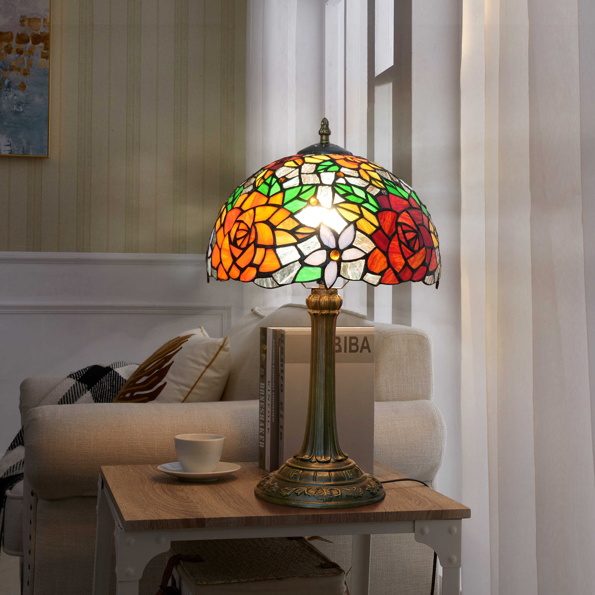 Tiffany Stained Glass Table Lamp with Rose Motifs