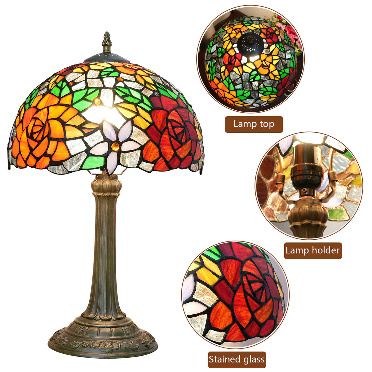Tiffany Stained Glass Table Lamp with Rose Motifs