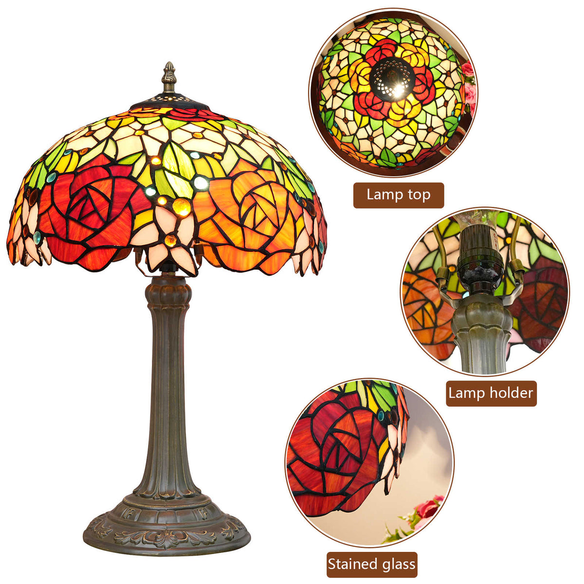 Tiffany-style Floral Stained Glass Table Lamp with Roses