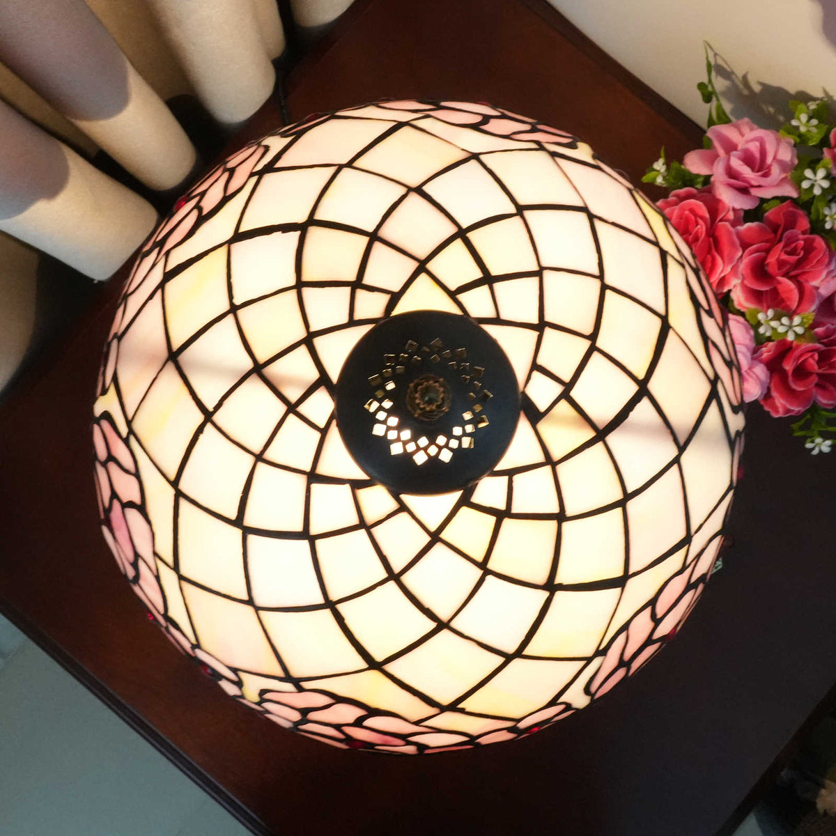 Floral Pink Tinted Glass Tiffany Table Lamp