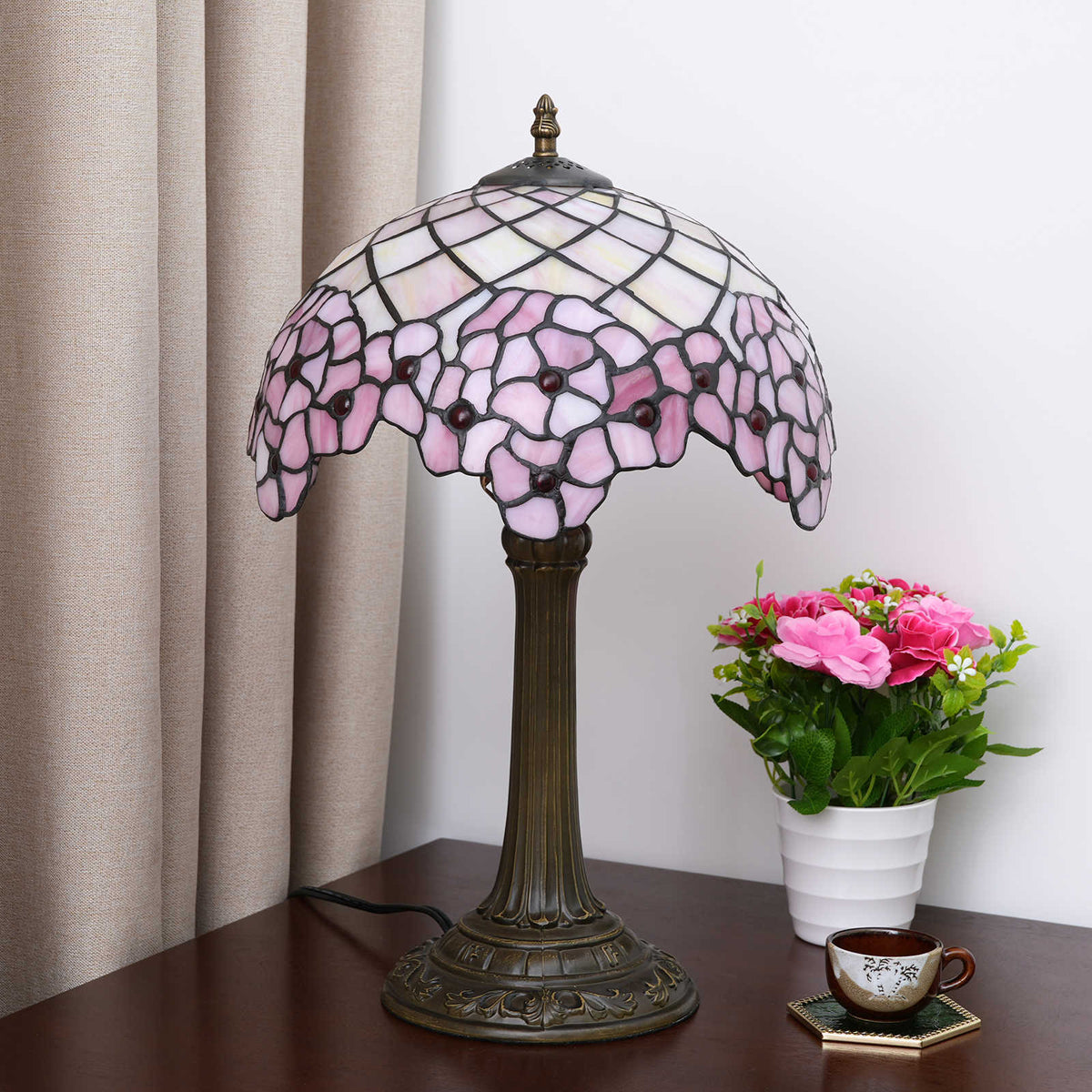 Floral Pink Tinted Glass Tiffany Table Lamp