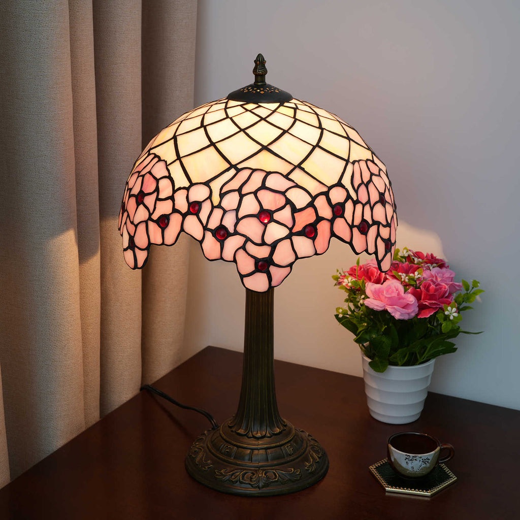 Floral Pink Tinted Glass Tiffany Table Lamp