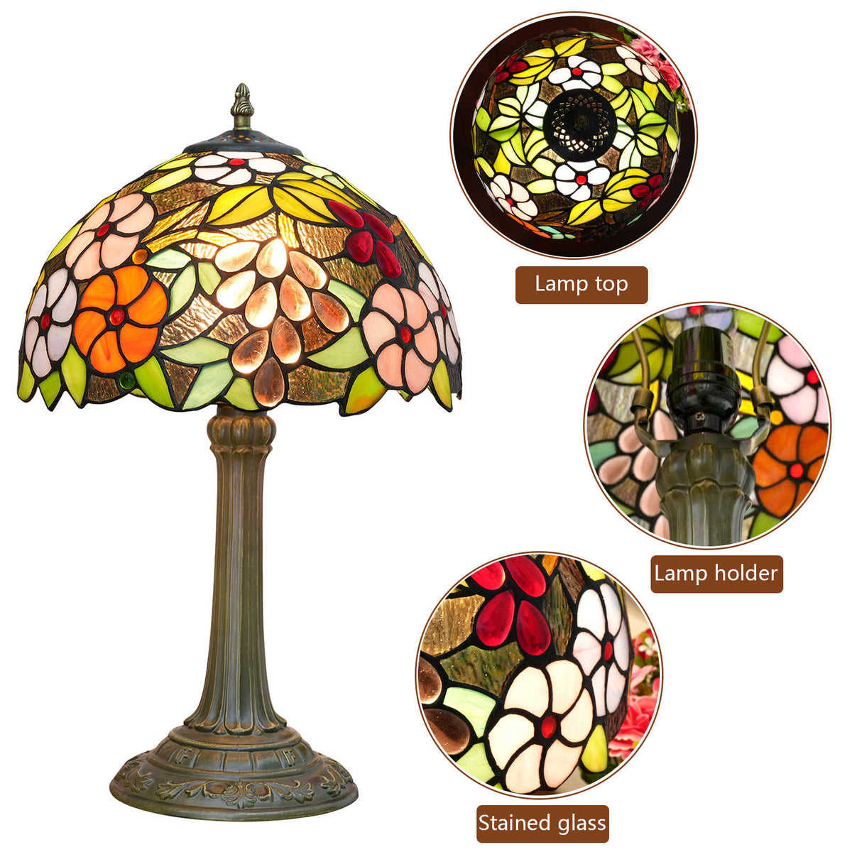 Tiffany Table Lamp in Multicolored Floral Stained Glass