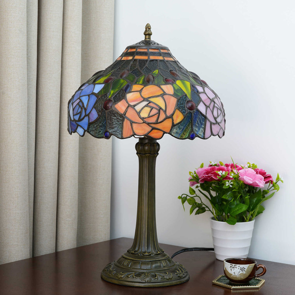 Tiffany Table Lamp in Tinted Glass with Multicolored Roses