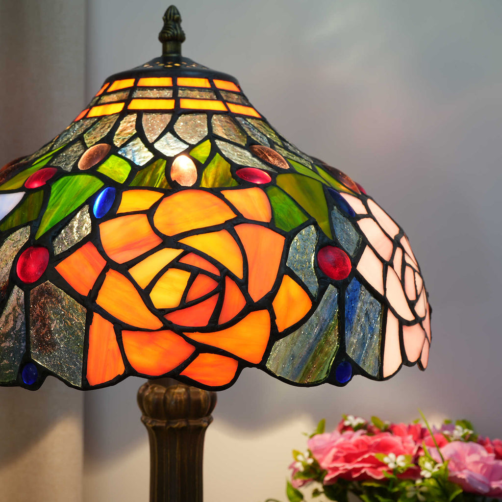 Tiffany Table Lamp in Tinted Glass with Multicolored Roses