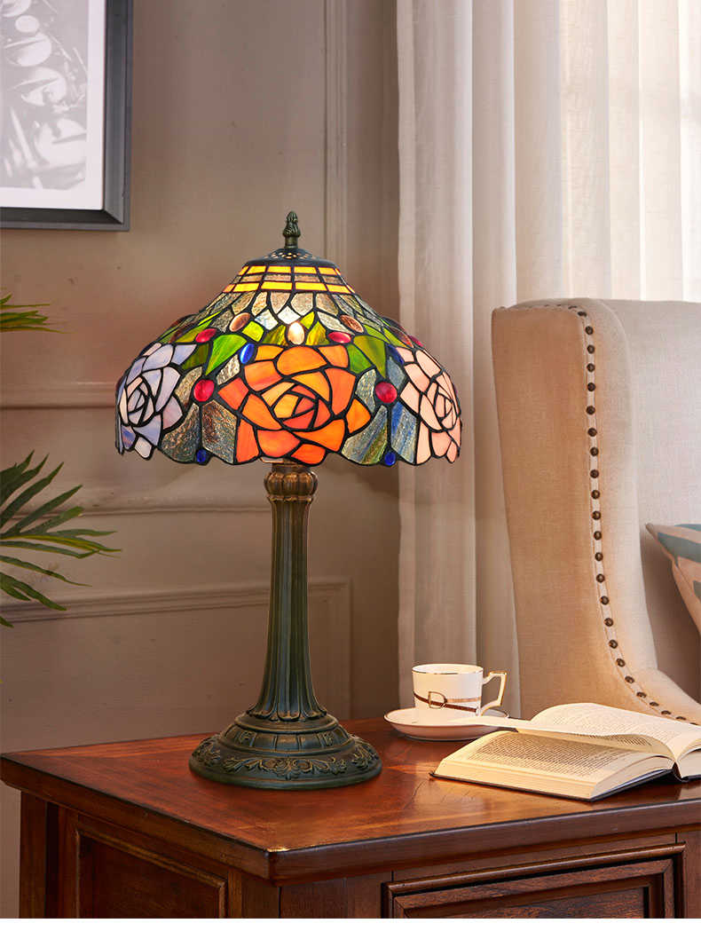 Tiffany Table Lamp in Tinted Glass with Multicolored Roses