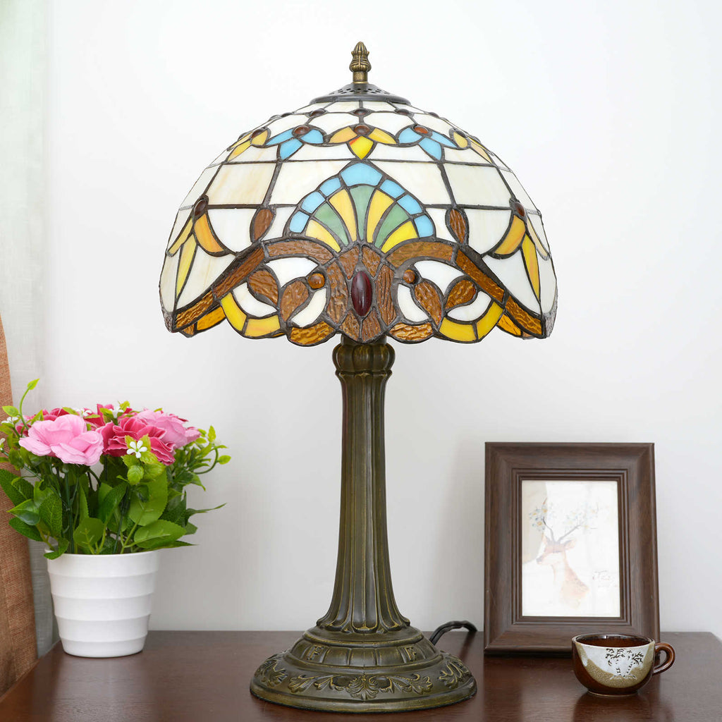 Tiffany Table Lamp in Stained Glass and Aged Bronze