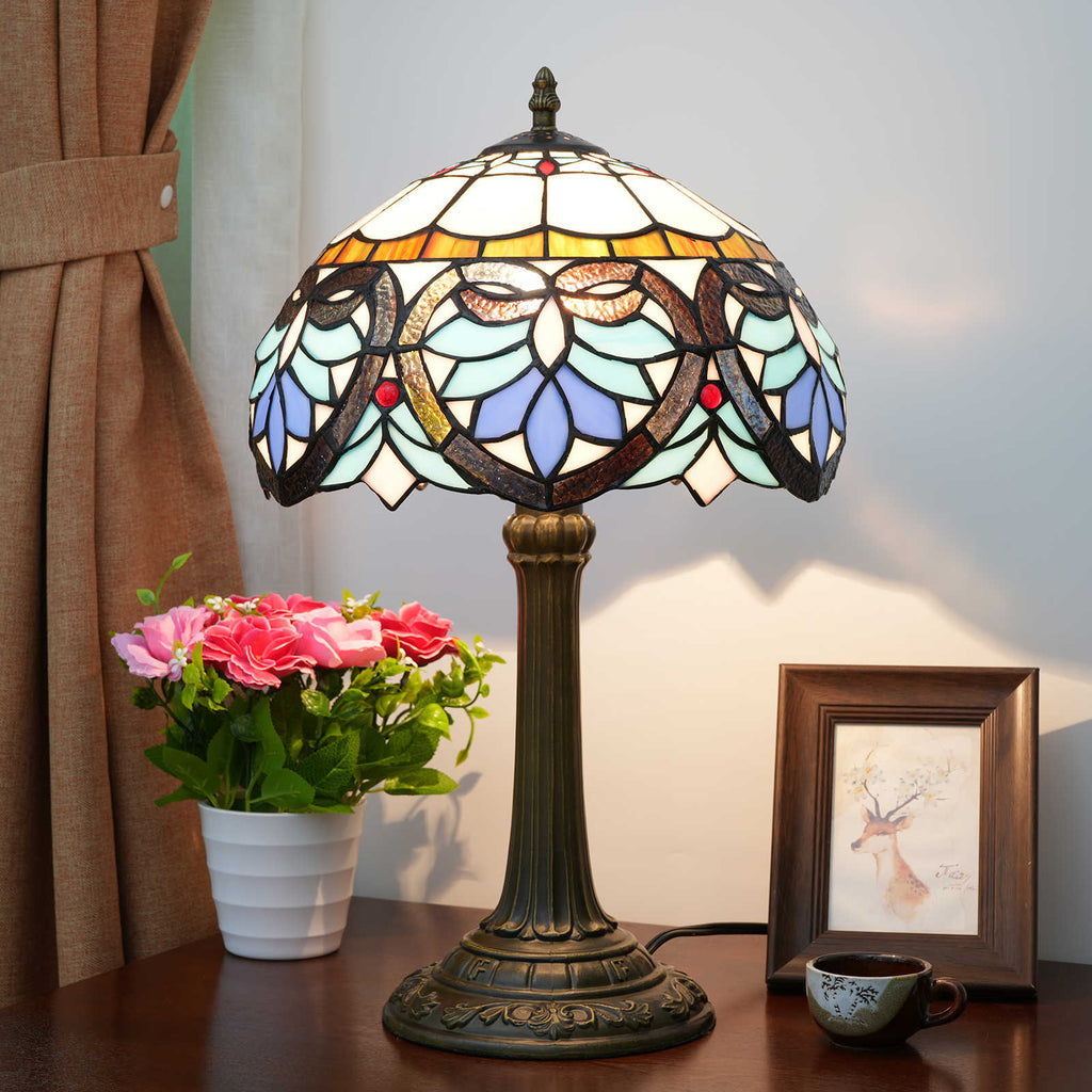 Tiffany Style Stained Glass Table Lamp, Blue and Cream