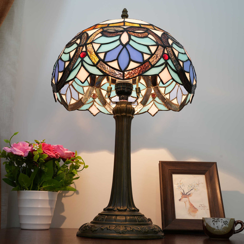 Tiffany Style Stained Glass Table Lamp, Blue and Cream