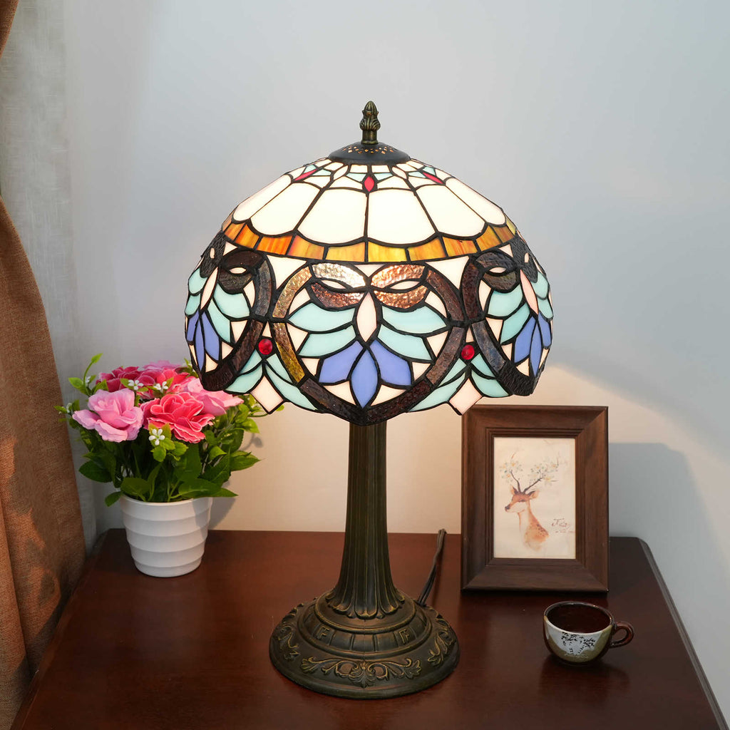 Tiffany Style Stained Glass Table Lamp, Blue and Cream