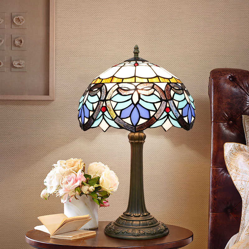 Tiffany Style Stained Glass Table Lamp, Blue and Cream
