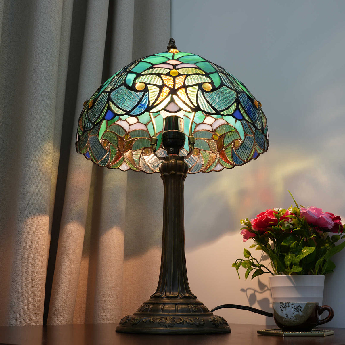Tiffany Style Table Lamp in Green and Blue Stained Glass