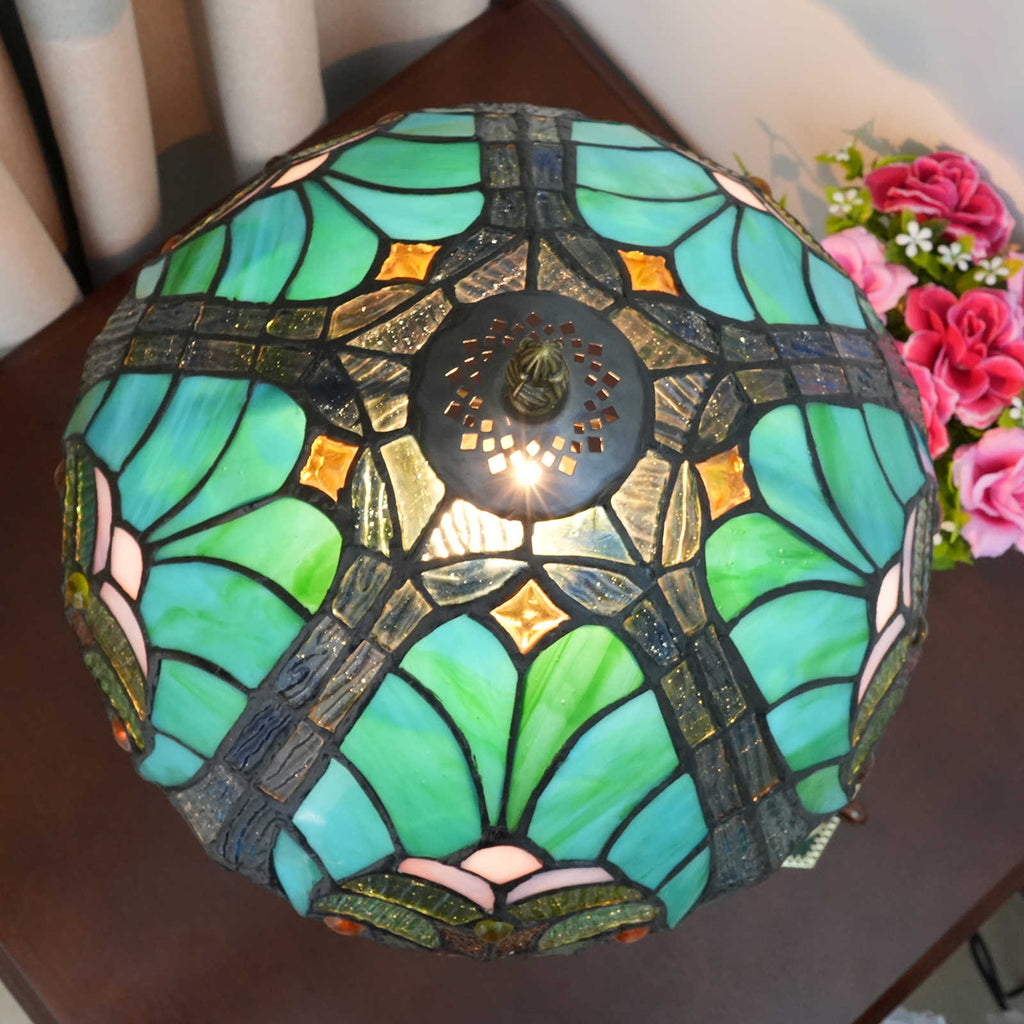 Tiffany Style Table Lamp in Green and Blue Stained Glass