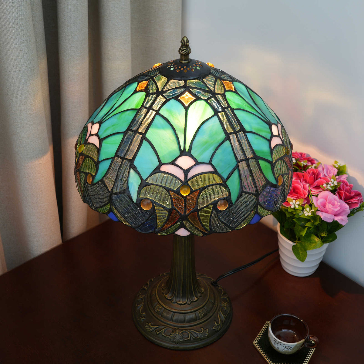 Tiffany Style Table Lamp in Green and Blue Stained Glass