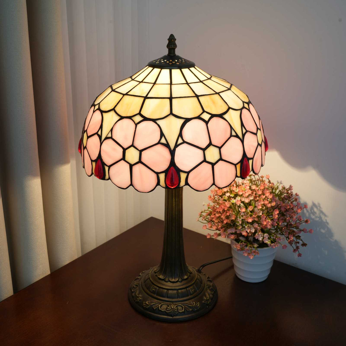 Pink and Red Floral Pattern Tiffany Table Lamp