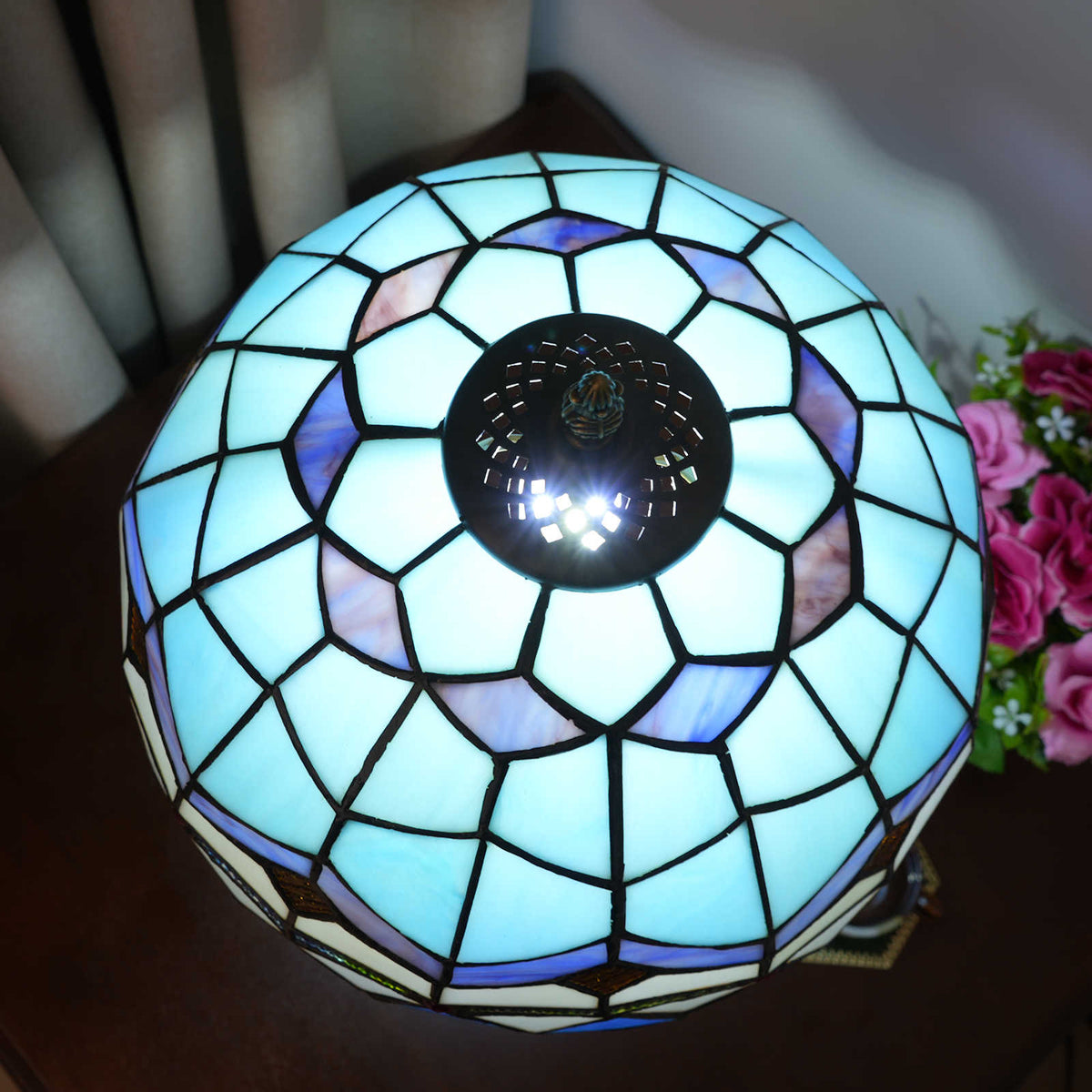 Tiffany Table Lamp in Blue Stained Glass with Geometric Patterns