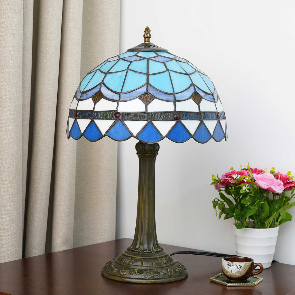 Tiffany Table Lamp in Blue Stained Glass with Geometric Patterns