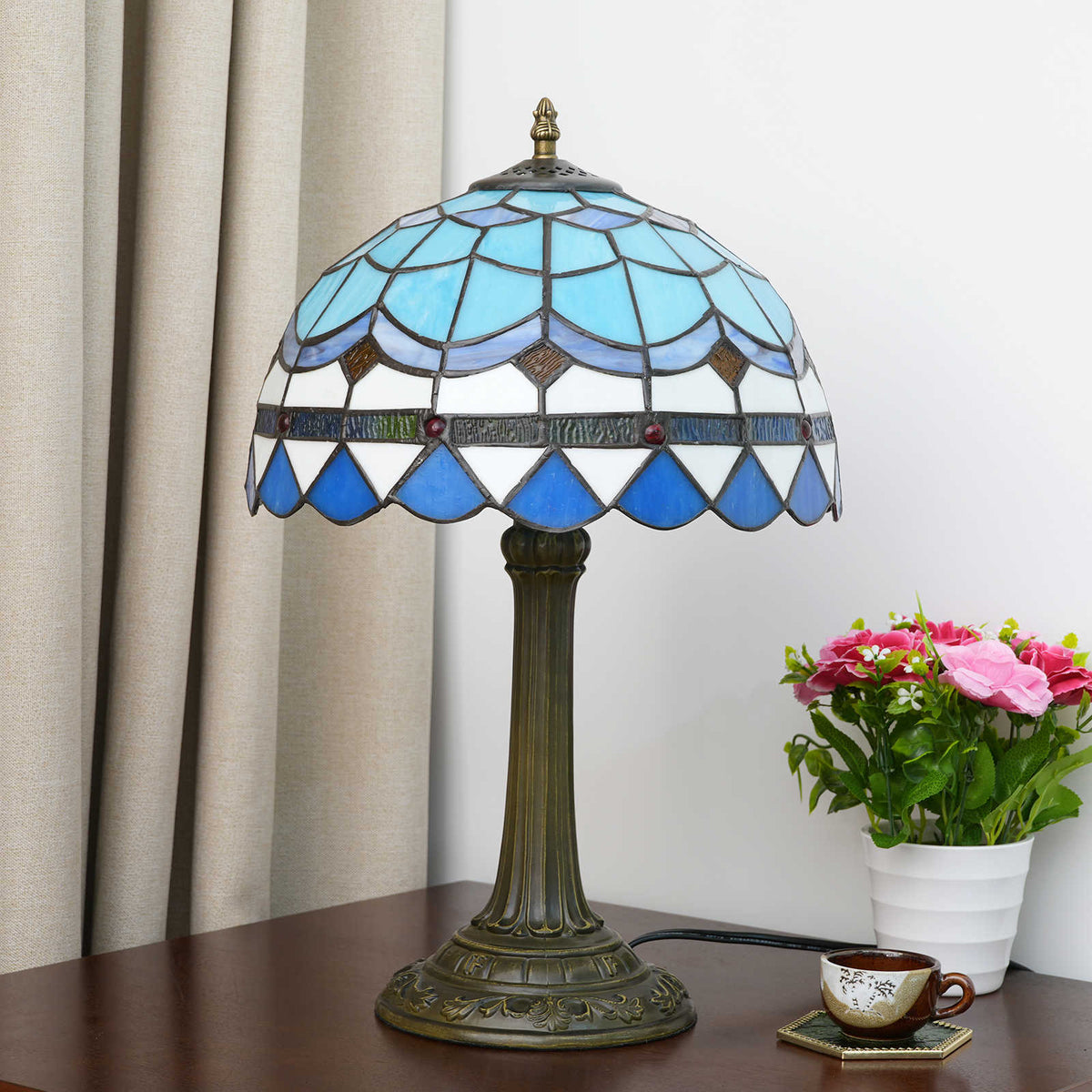 Tiffany Table Lamp in Blue Stained Glass with Geometric Patterns