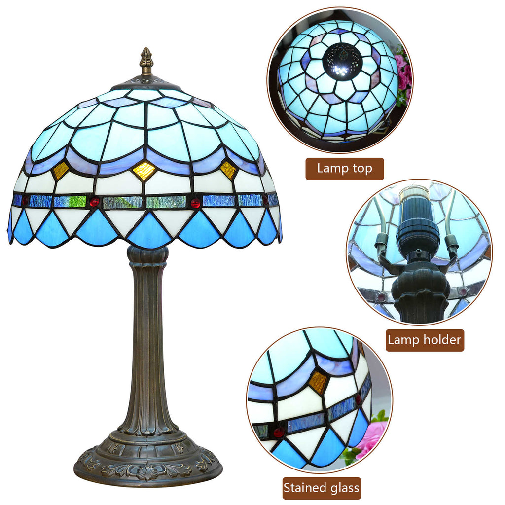 Tiffany Table Lamp in Blue Stained Glass with Geometric Patterns