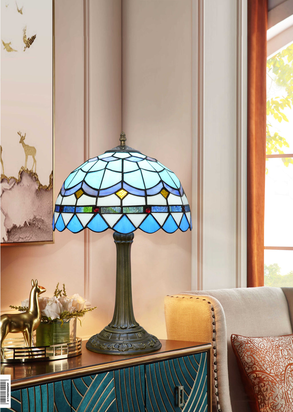 Tiffany Table Lamp in Blue Stained Glass with Geometric Patterns