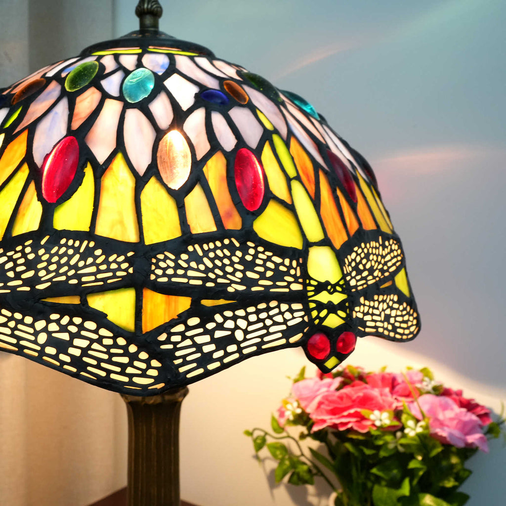 Multicolored Dragonfly Stained Glass Tiffany Table Lamp