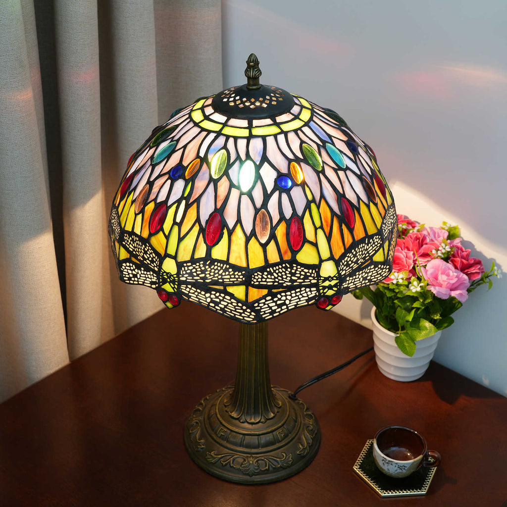 Multicolored Dragonfly Stained Glass Tiffany Table Lamp