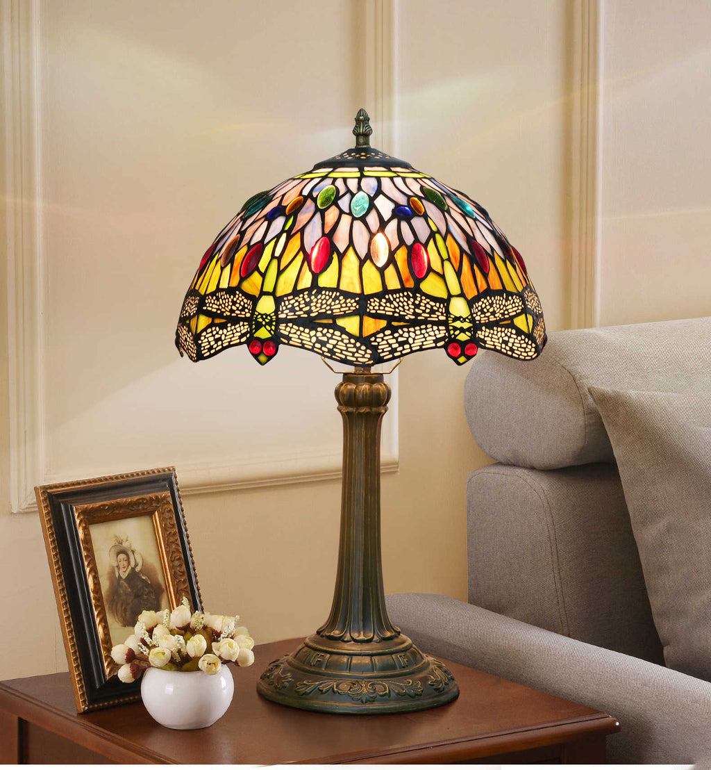 Multicolored Dragonfly Stained Glass Tiffany Table Lamp