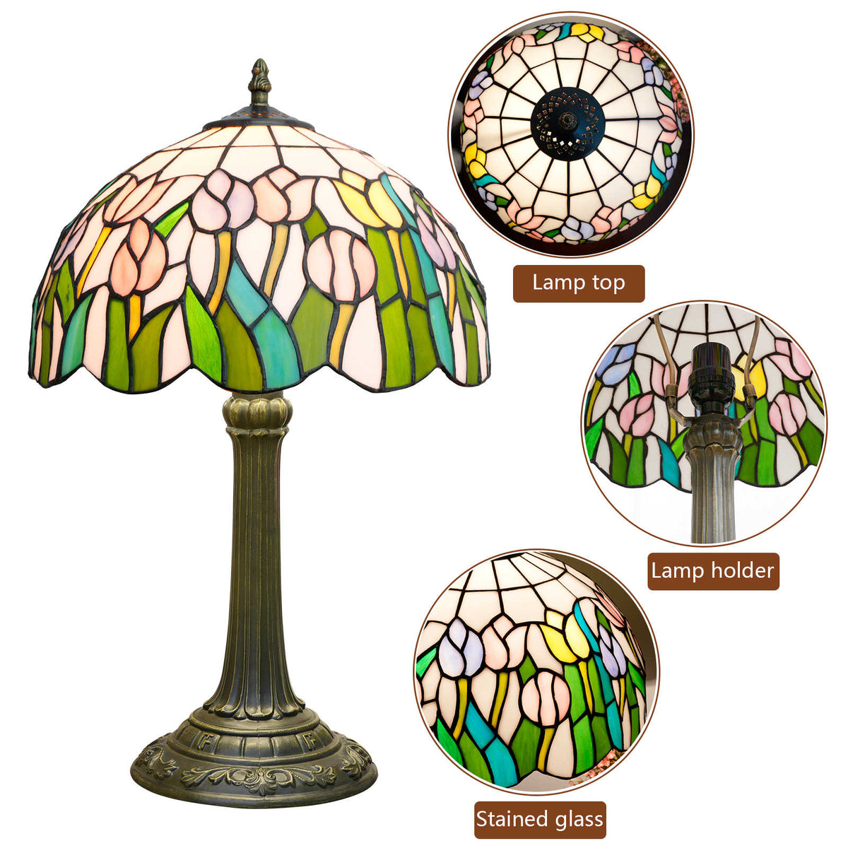 Tiffany Bedside Lamp in Stained Glass with Pink Tulips