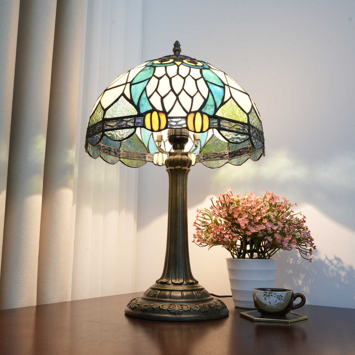 Tiffany Table Lamp with Owls in Blue Stained Glass