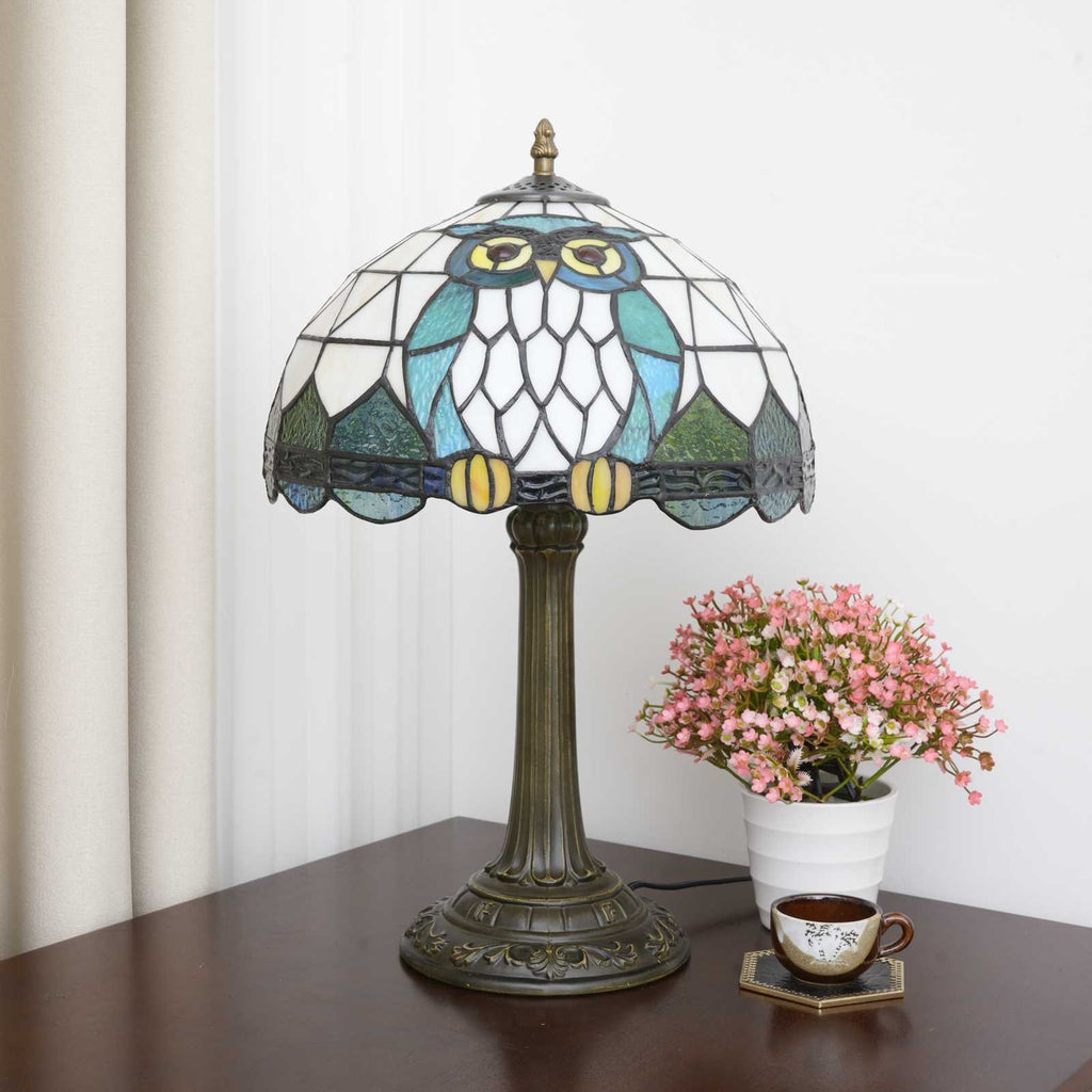 Tiffany Table Lamp with Owls in Blue Stained Glass
