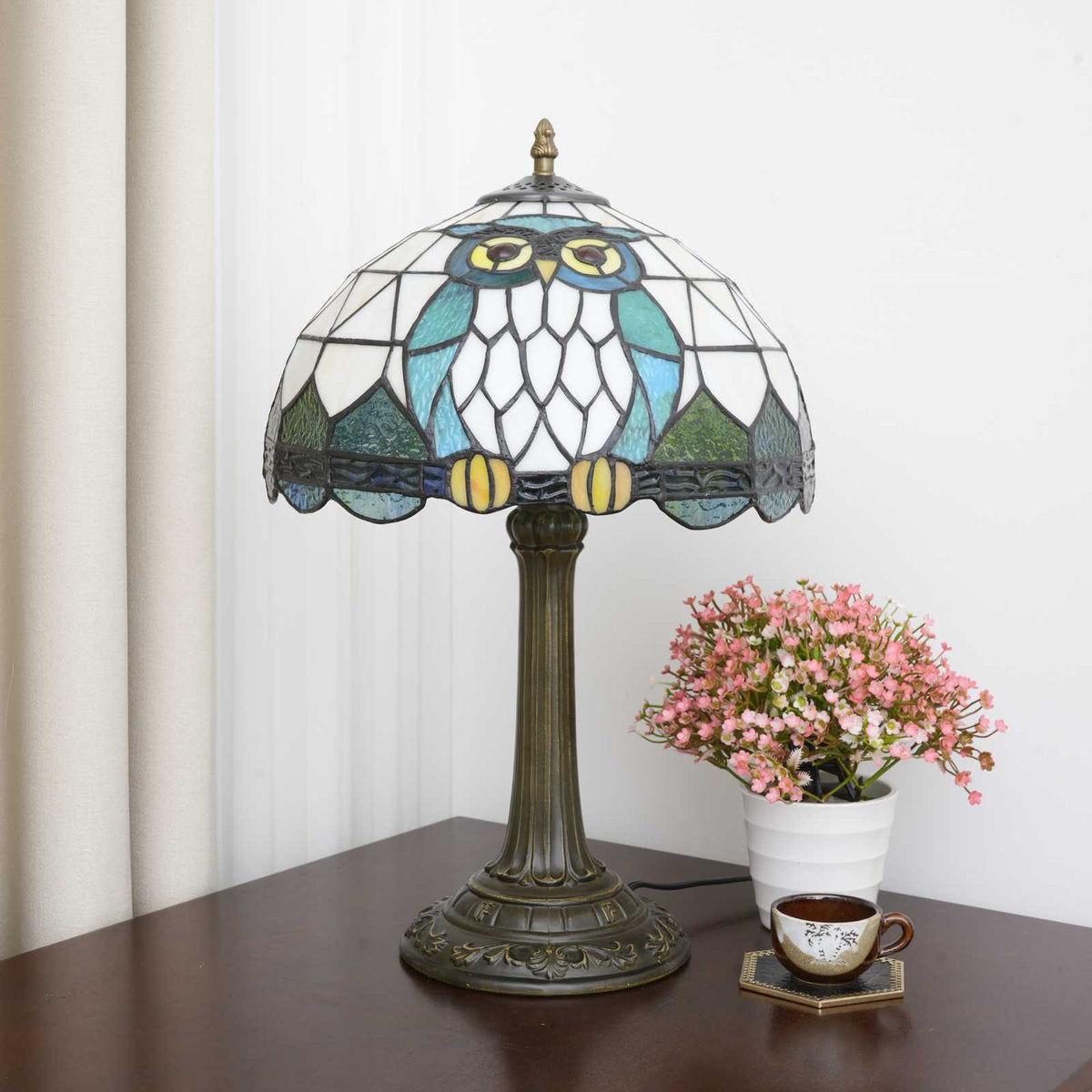 Tiffany Table Lamp with Owls in Blue Stained Glass
