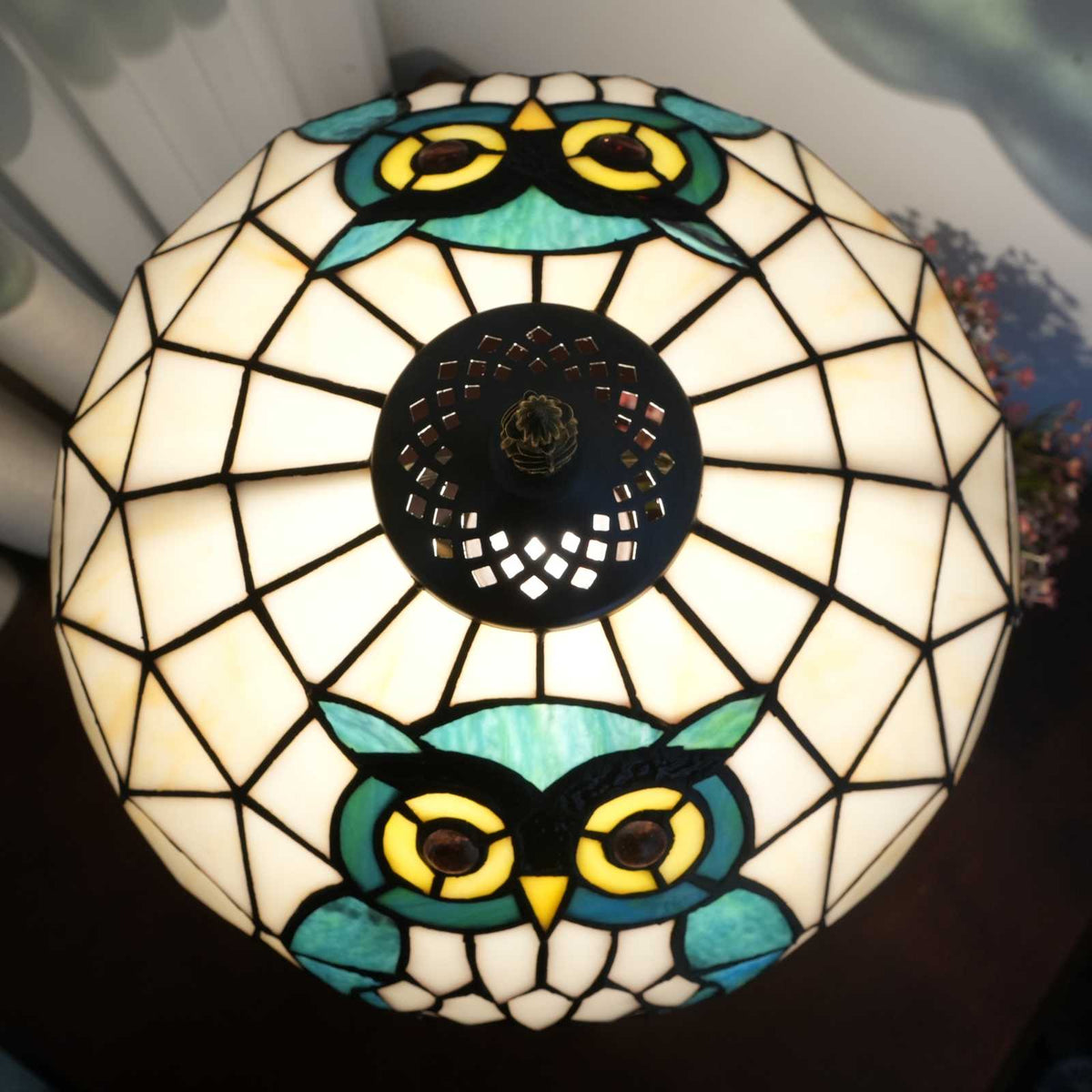 Tiffany Table Lamp with Owls in Blue Stained Glass