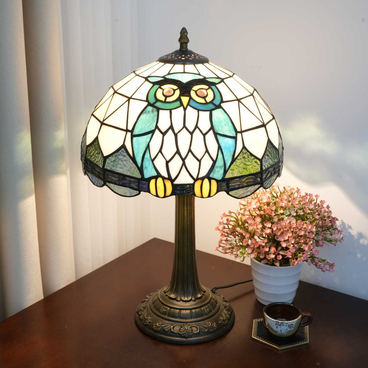 Tiffany Table Lamp with Owls in Blue Stained Glass