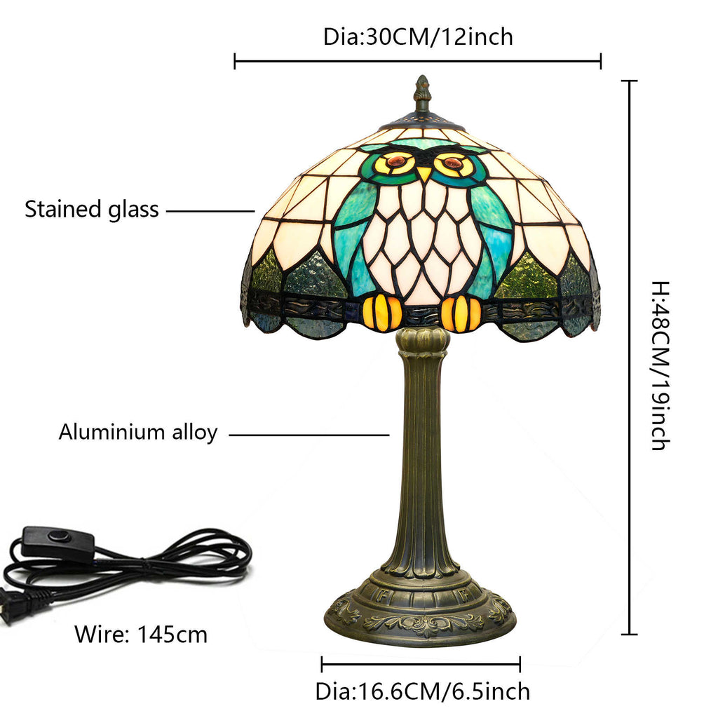 Tiffany Table Lamp with Owls in Blue Stained Glass