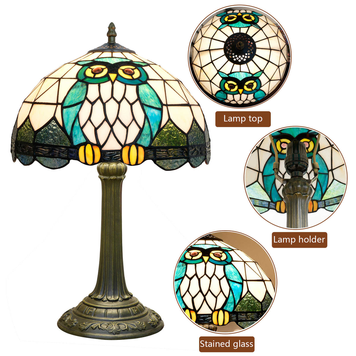 Tiffany Table Lamp with Owls in Blue Stained Glass