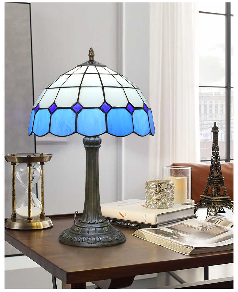 Tiffany Table Lamp in Blue, White and Purple Stained Glass