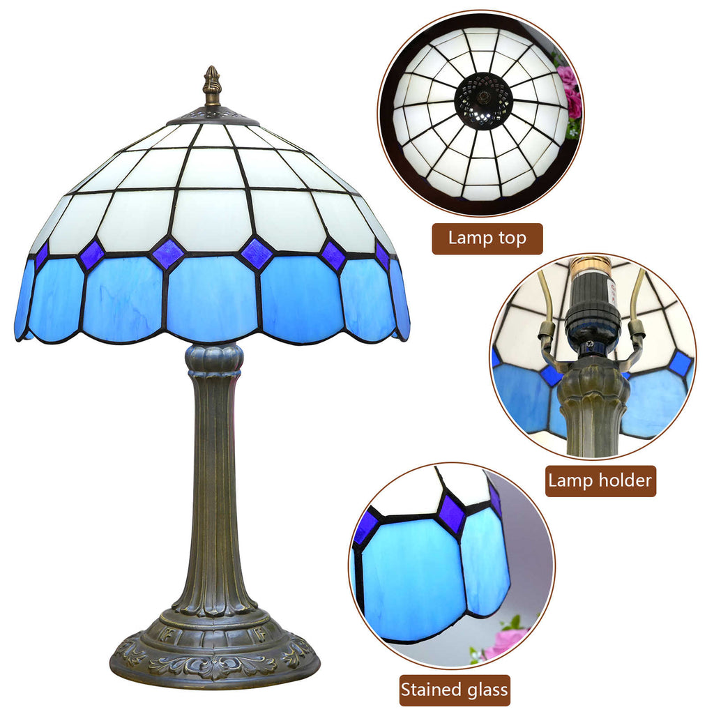 Tiffany Table Lamp in Blue, White and Purple Stained Glass