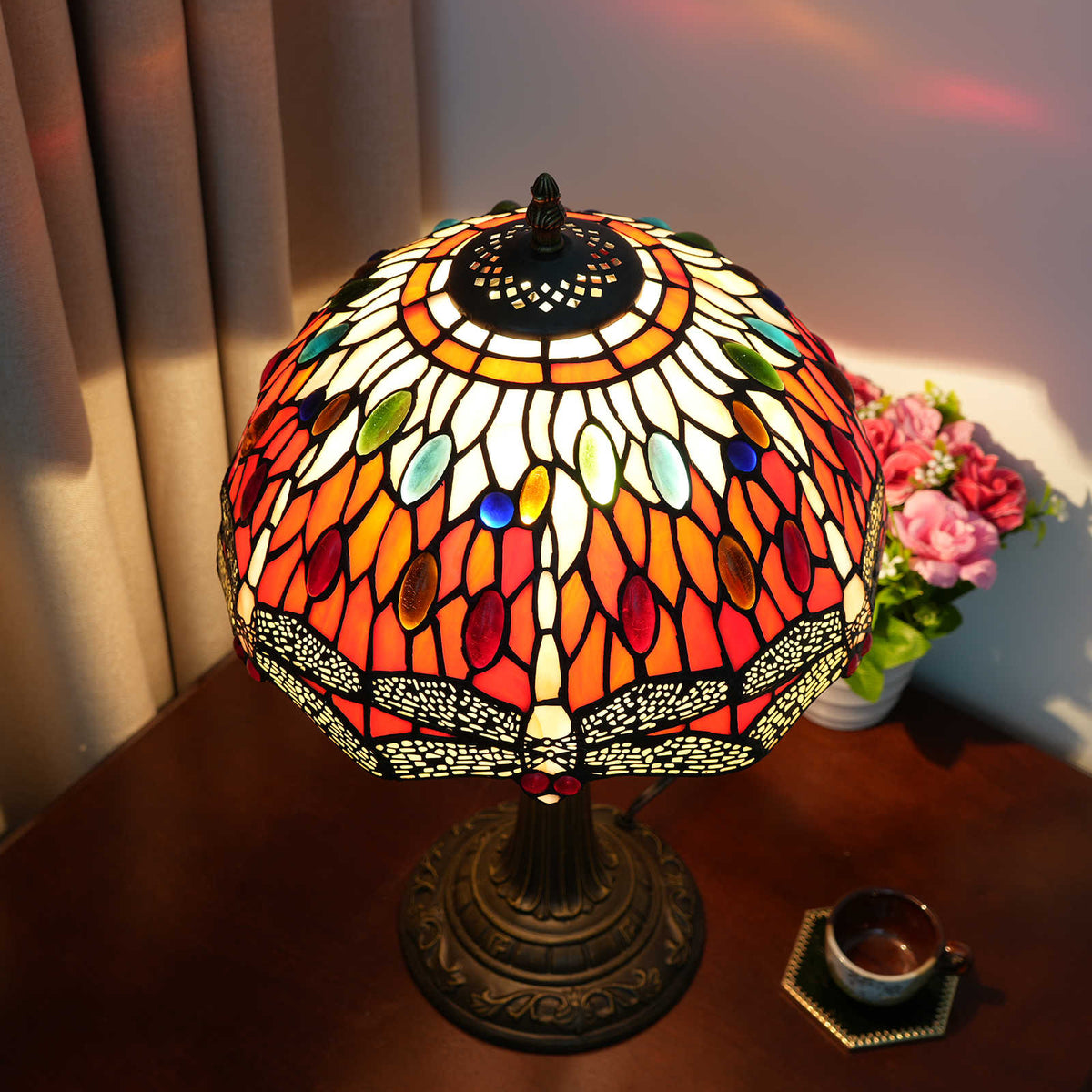 Red Dragonfly Stained Glass Tiffany Table Lamp