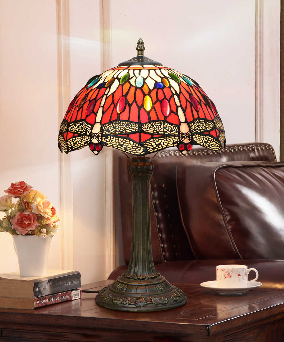 Red Dragonfly Stained Glass Tiffany Table Lamp