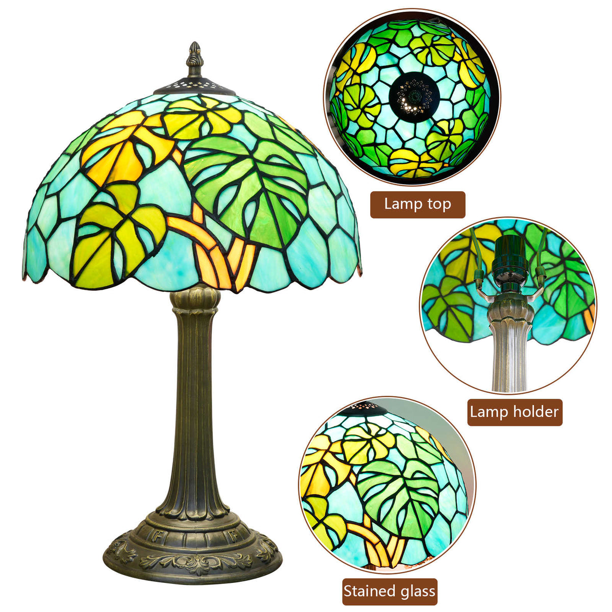 Tiffany Table Lamp in Stained Glass with Tropical Leaves