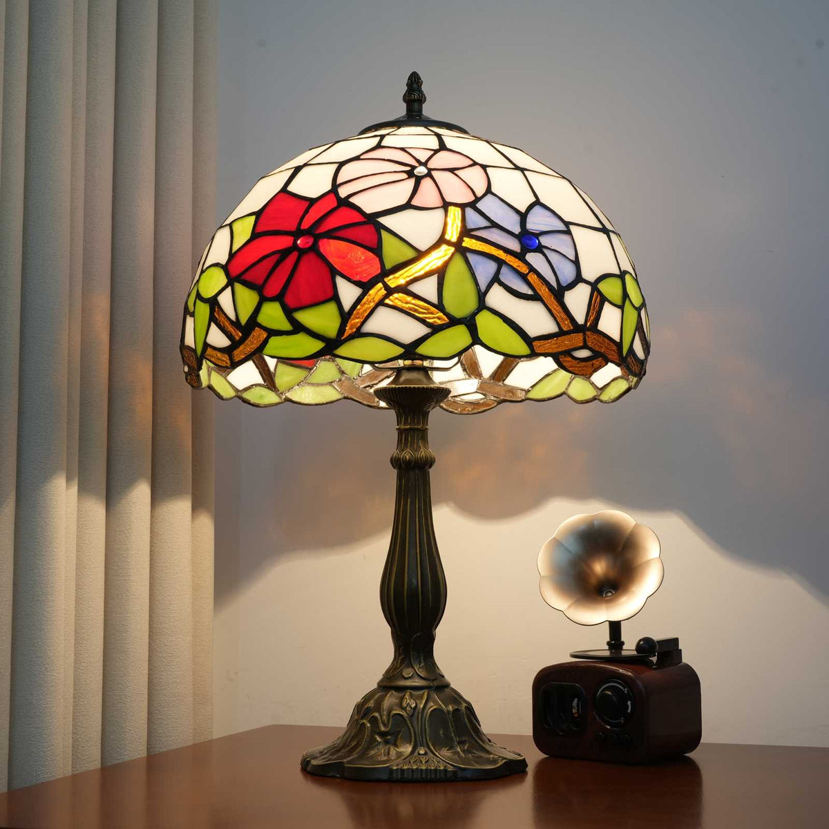 Tiffany Table Lamp with Multicolored Floral Stained Glass