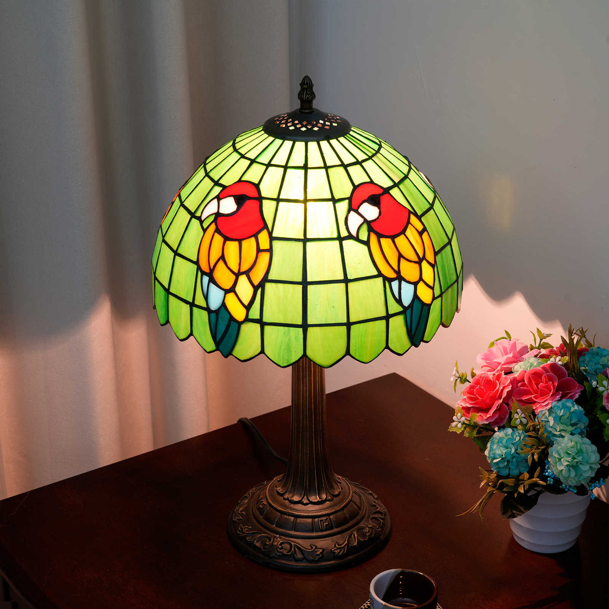 Tiffany Stained Glass Table Lamp with Lively Parrot Design