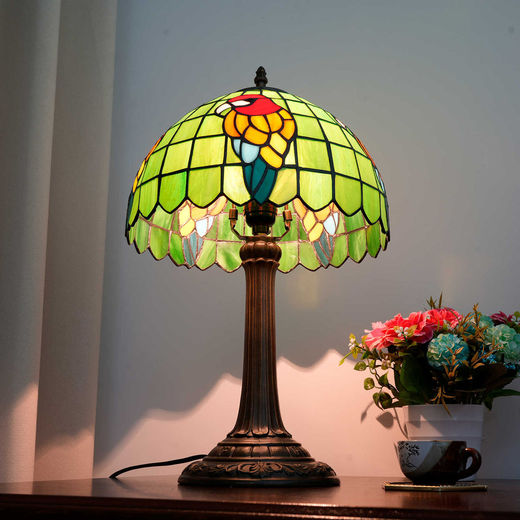 Tiffany Stained Glass Table Lamp with Lively Parrot Design