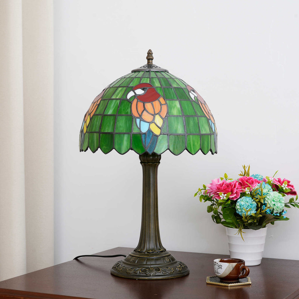 Tiffany Stained Glass Table Lamp with Lively Parrot Design