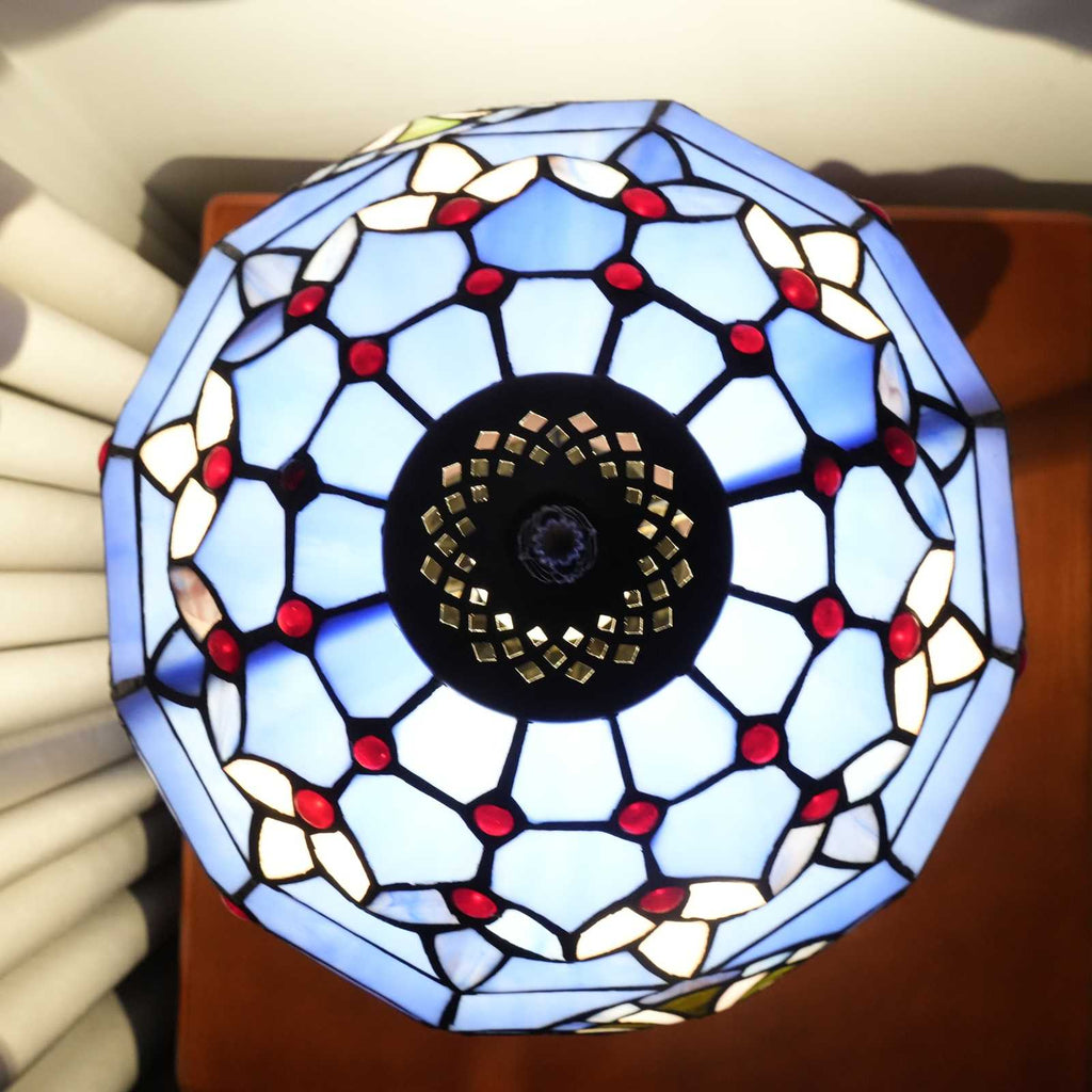 Tiffany Table Lamp in Blue and Red Stained Glass