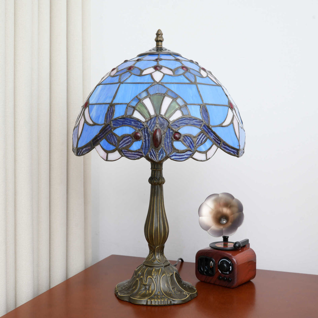 Tiffany Table Lamp in Blue and Red Stained Glass