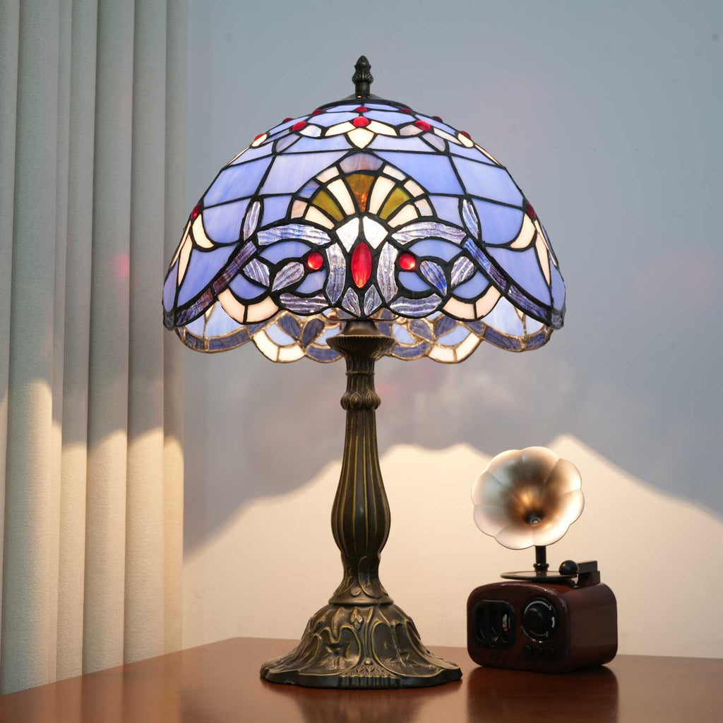 Tiffany Table Lamp in Blue and Red Stained Glass