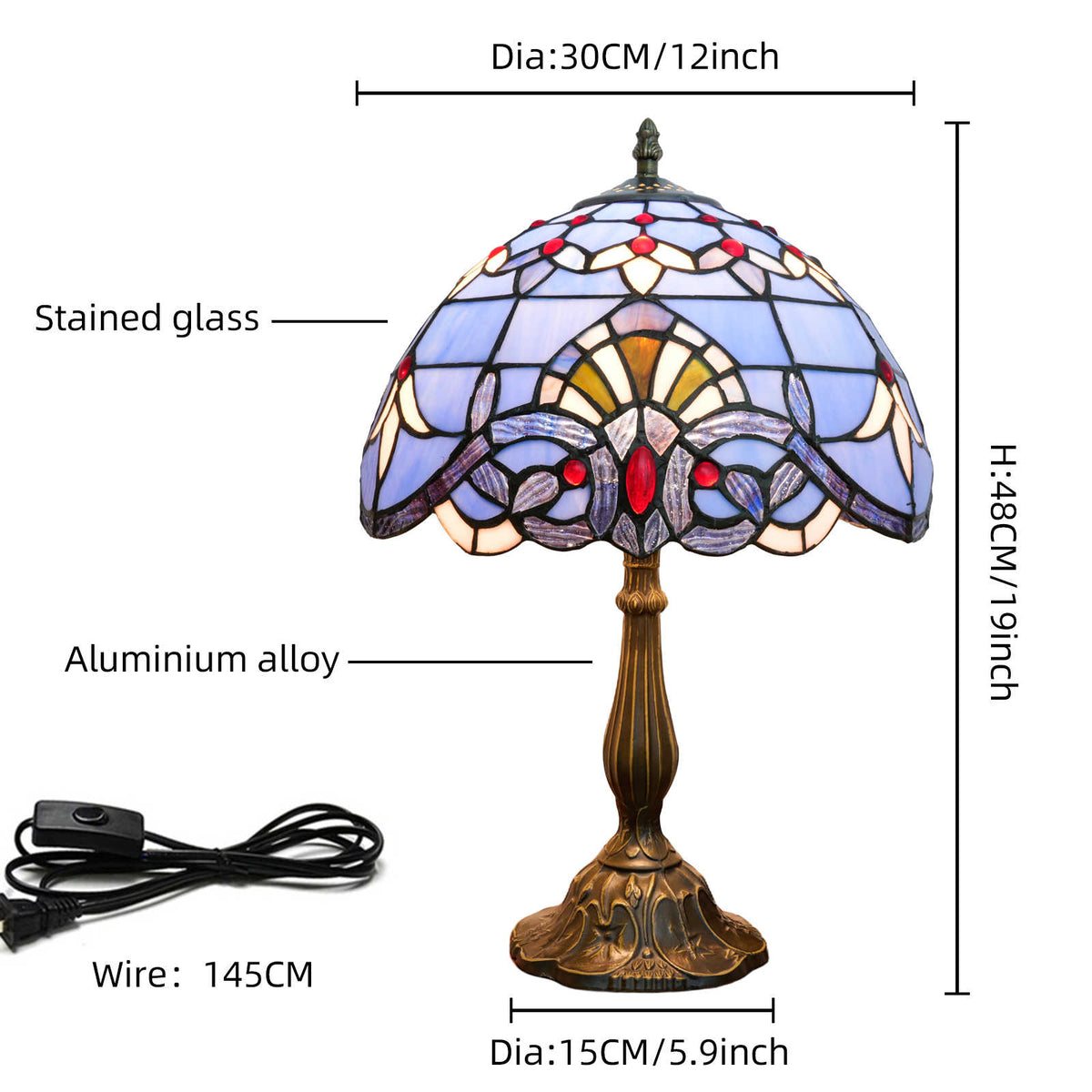 Tiffany Table Lamp in Blue and Red Stained Glass