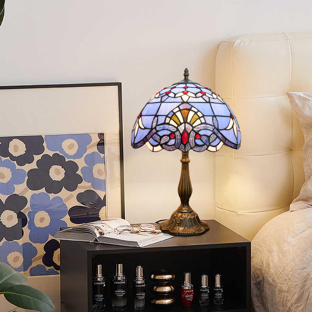 Tiffany Table Lamp in Blue and Red Stained Glass